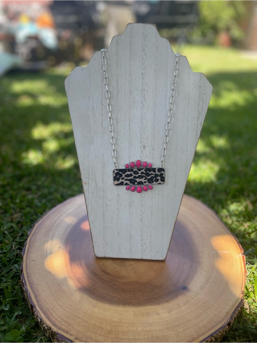 Leopard Print Bar Necklace with Pink Accents